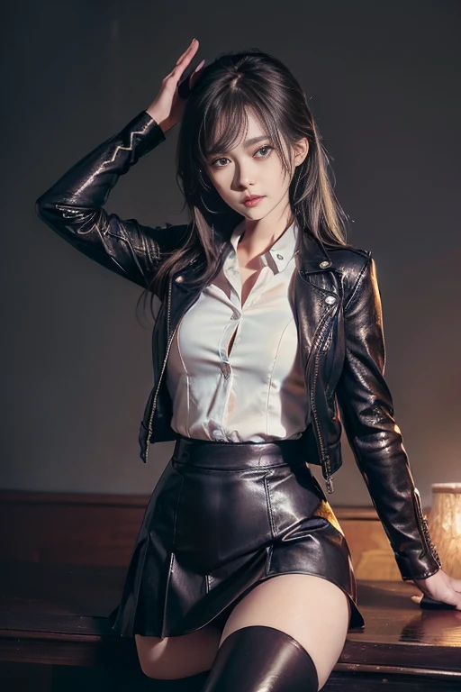 (((Tabletop, artwork, detailed, Portraiture))) ((Police Girl, sexyな警察の制服, skirt, Cute and elegant, Dramatic Pose)) cute, sexy, Charm, City night background, Ambient Lighting, Long Hair, Unbutton the top button of your shirt, Browsing Caution, riders leather Jacket,knee high boots,

