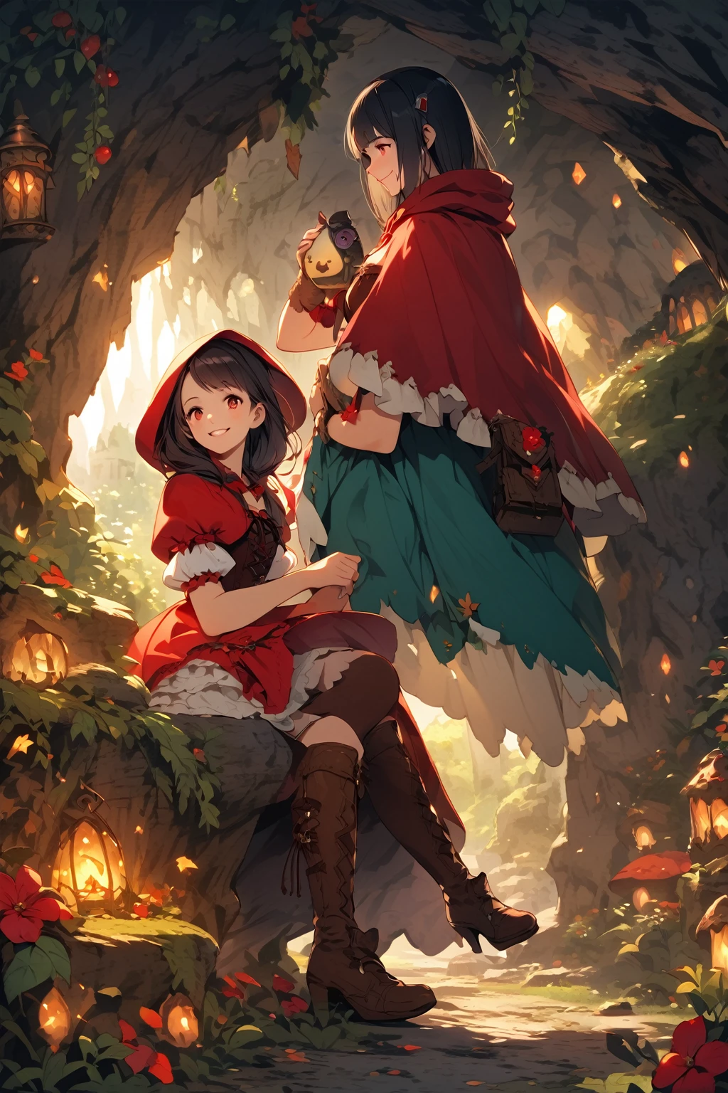 One Woman,20-year-old,((smile)),((Little Red Riding Hood,,(Black Hair,((Fantasy,cave))
