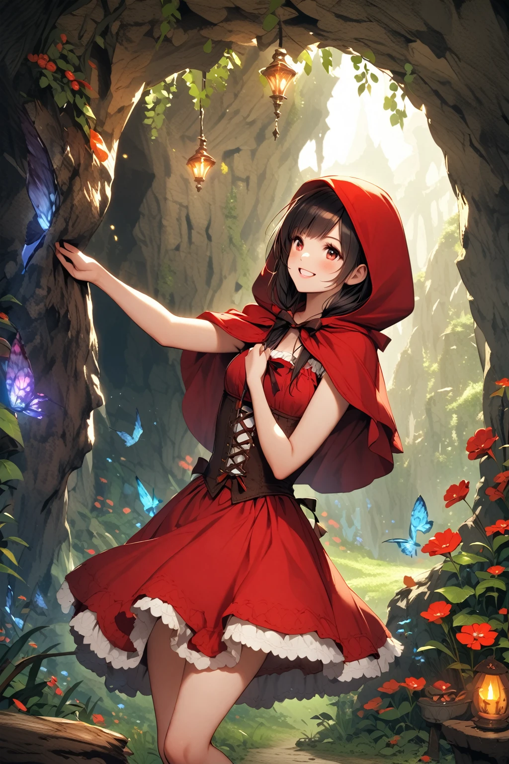 One Woman,20-year-old,((smile)),((Little Red Riding Hood,,(Black Hair,((Fantasy,cave))