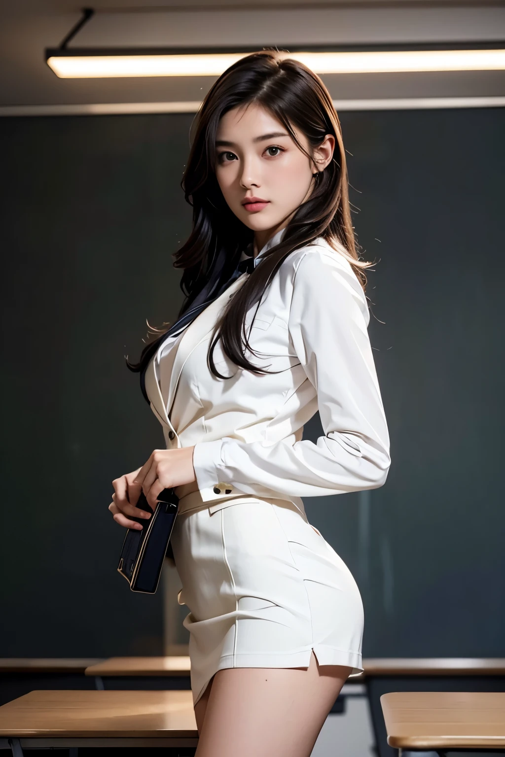 Masterpiece(1.4)，Highest quality(1.5)，Highest quality，8k、16K，wallpaper，Ultra-high resolution，Extremely detailed，Japanese，Beauty，sexy，glamorous，Perfect Style，teacher，School classroom，business suit，White shirt，Tight Skirt，pumps，(Students checking attendance in front of the blackboard in the classroom, holding an attendance book)，