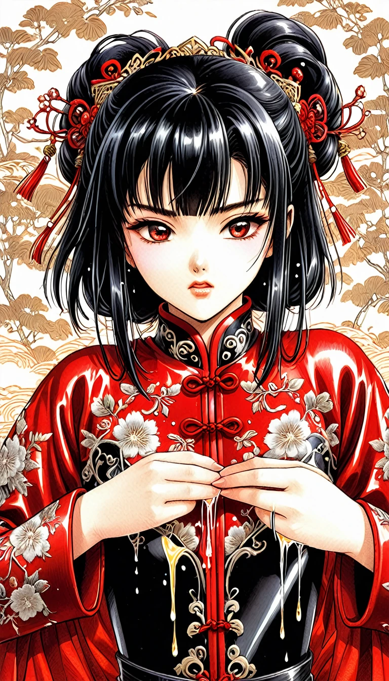 Beautiful 15 year old Chinese Kung Fu girl princess with long black hair Gorgeous embroidery, Ultra glossy, She is wearing a shiny red long sleeve kung fu suit.... She becomes the victim of a lascivious ritual and blushes as she exposes her pussy She leaks urine