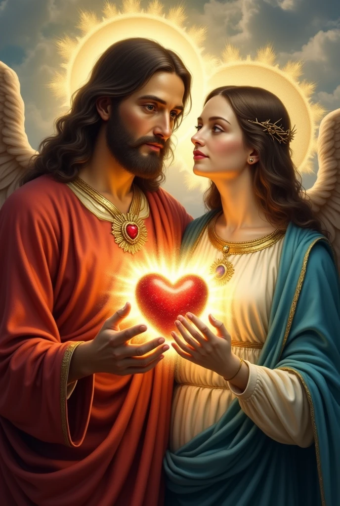 Create a detailed and classic image of the "Sacred Heart of Jesus and Mary" vertically divided, with Jesus on the right and Mary on the left, in an ethereal celestial setting. Jesus should be portrayed with light olive skin, a well-groomed beard, dark brown wavy hair falling to his shoulders, dark brown eyes, wearing a red velvet or silk tunic and a light, flowing white cape tied with a golden cord at the chest. The Sacred Heart should be surrounded by flames and crowned with thorns, radiating a golden glow. Mary, with fair skin, a serene face, light brown eyes, and dark brown straight hair, should be dressed in a flowing sky-blue mantle over a fitted white tunic. Her Immaculate Heart should be encircled by a crown of roses, surrounded by flames, and pierced by a sword. Both should have radiant halos around their heads, with golden light radiating from them, while angels observe in the background amidst soft clouds.