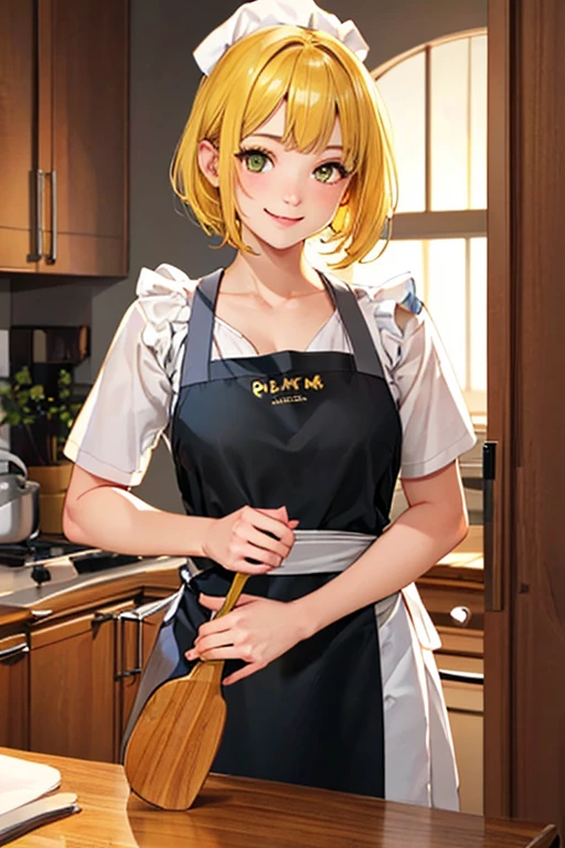 high quality, subsurface scattering, chromatic lighting,
colorized, yellow + black limited color palette,
detailed concept drawing,
bedroom,
portrait, 20yo 1girl, medium soft breasts, slender, kitchen, apron, oiled skin, short yellow hair, smiling