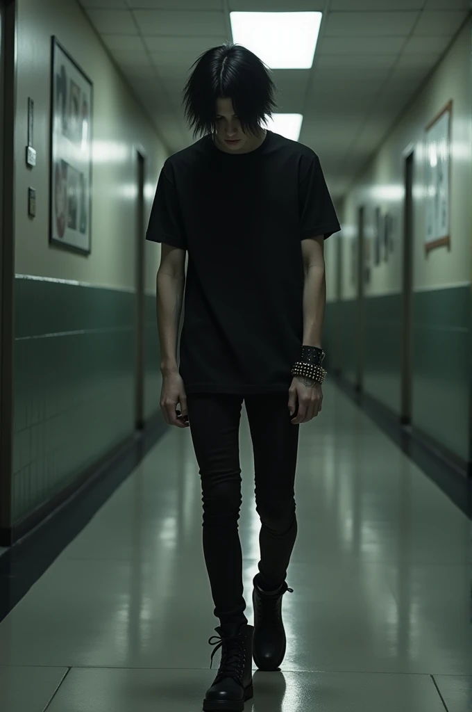 Emo boy at school, black hair, black eyes, wearing only Black 