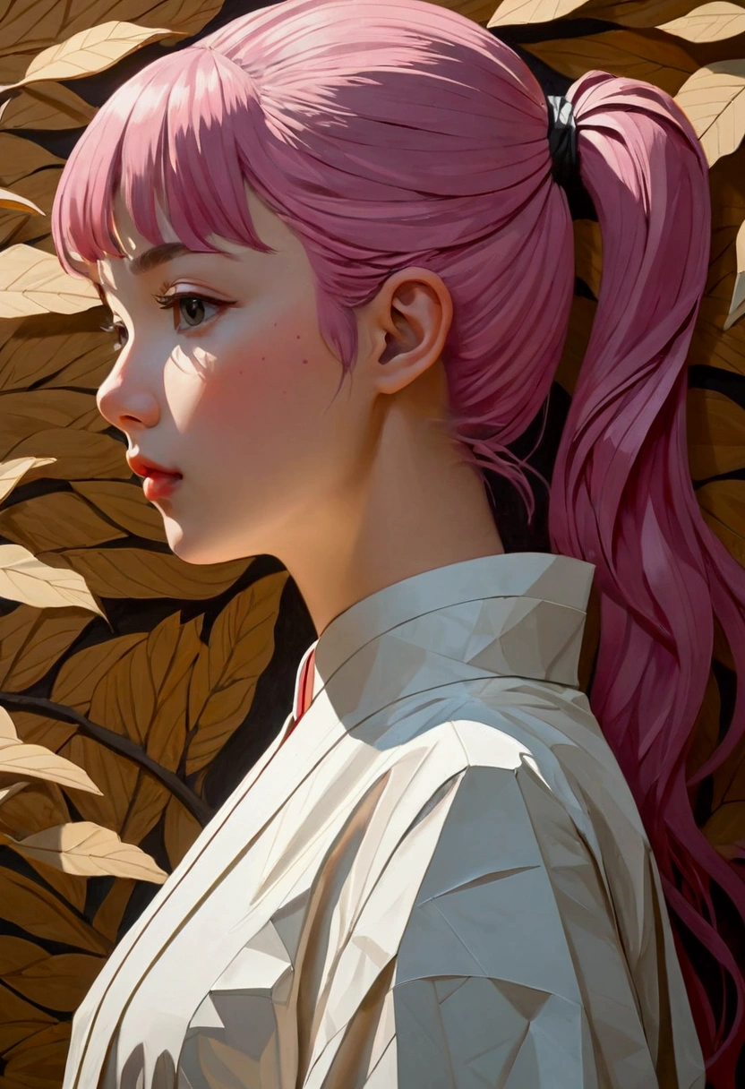 (masterpiece), Cyberpunk style, ((Relief,Paper art,Negative Space)), (author: Neil Welliver), 1 Girl, Brown eyes, Ponytail, Pink Hair, Japanese clothes, The expression is serene,Delicate facial features,Elegant posture,In a surreal landscape, Dramatic lighting,Studio Lighting,HDR,8k,High-quality,