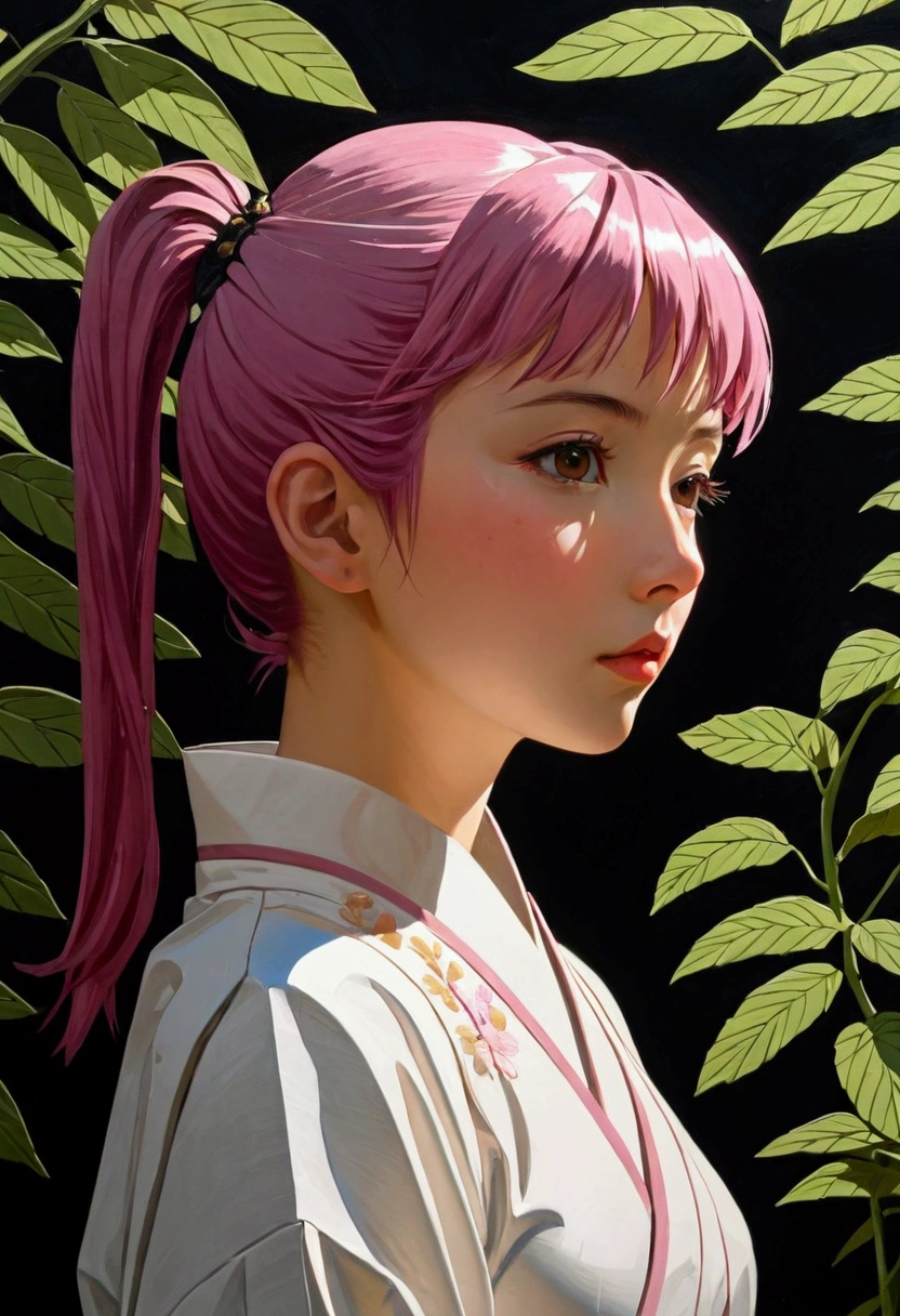 (masterpiece), Cyberpunk style, ((Relief,Paper art,Negative Space)), (author: Neil Welliver), 1 Girl, Brown eyes, Ponytail, Pink Hair, Japanese clothes, The expression is serene，Delicate facial features，Elegant posture，In a surreal landscape, Dramatic lighting，Studio Lighting，HDR，8k，High-quality，