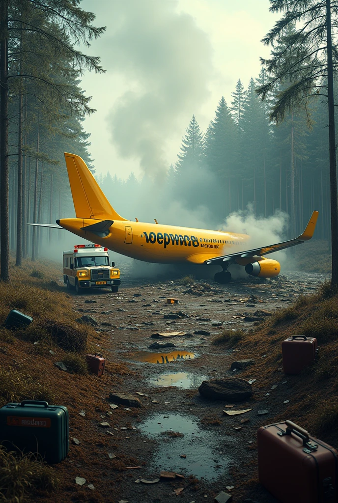 A yellow plane with the word &quot;voepass&quot; written on it fell on the ground, smoke coming out and trees destroyed, an ambulance car and several people looking and several suitcases fallen on the ground.