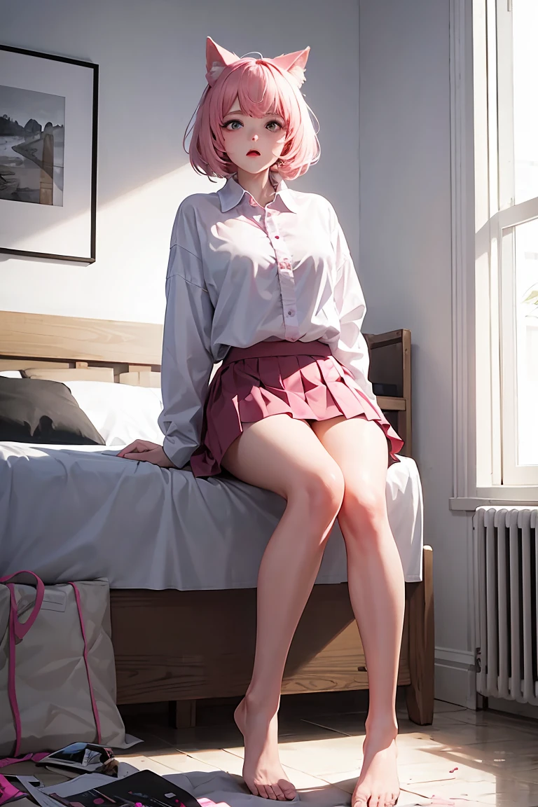 masterpiece, top quality, best quality, official art, beautiful and aesthetic,, , 1girl with cat ear, perfect figure, pink hair, complex details, secondary animation style, bedroom, night, seeking comfort, (messy white shirt, pink pleated skirt:1.5), teary-eyed expression in shock, clinging legs rub ,