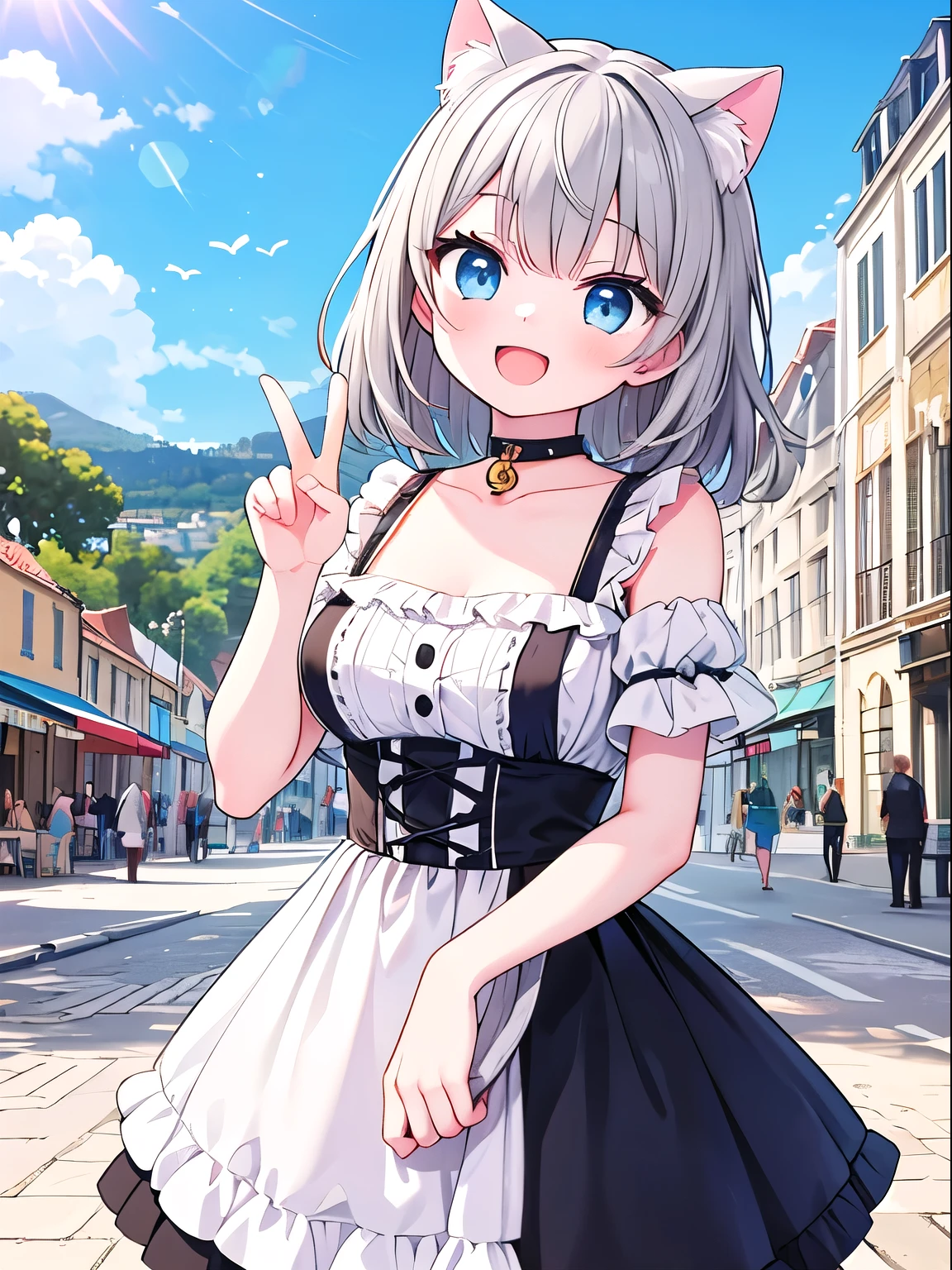Summer vacation, ((trip)), South of France, ((Marseille)), port, (One girl), cute, (peace sign), (happiness:1.3), Open your mouth, (Cat ear), choker, ((Gray Hair)), Medium Hair, Blue Eyes, sunny, noon, Outdoor, from the front, Cowboy Shot, ((Highest quality)), ((masterpiece)), (detailed), Perfect Face, Perfect Arms, Perfect hands, Perfect Fingers, anime, Ultra-fine illustration,
