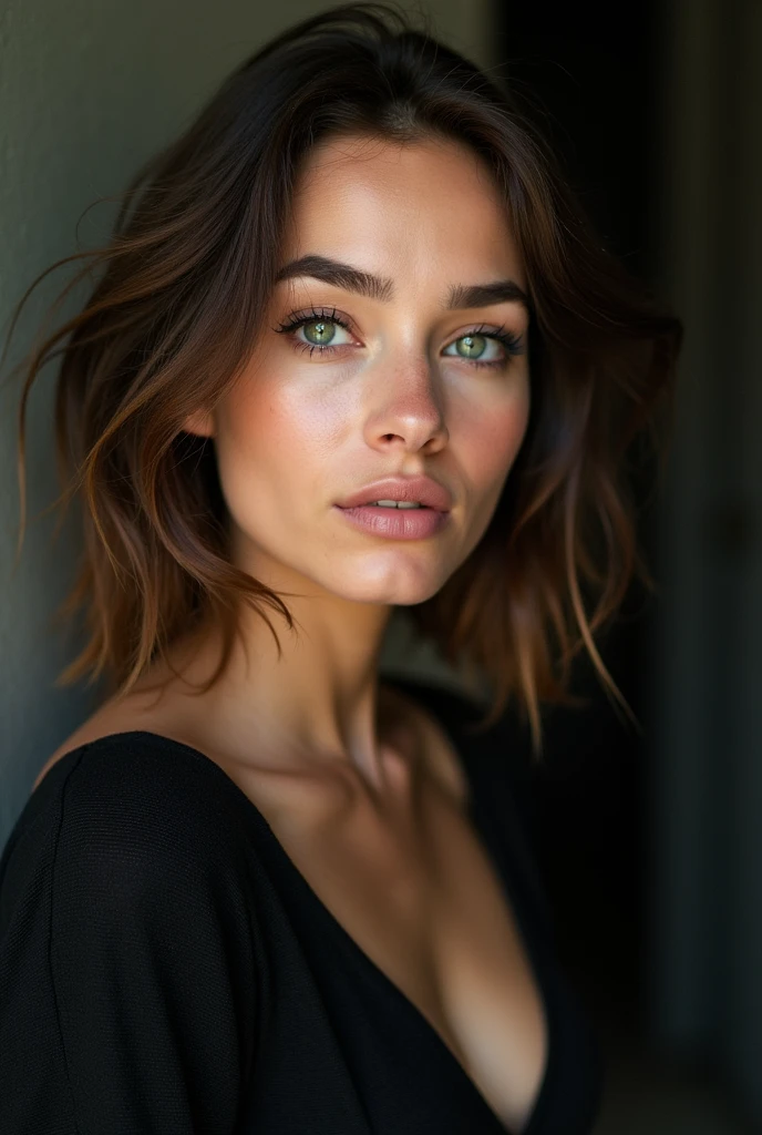 Femme latina avec un pull noir aux yeux verts, Portrait Sophie Mudd, cheveux bruns et grands yeux, Selfie d’une jeune femme, Yeux de chambre, violette myers, sans maquillage, maquillage naturel, regarder directement la caméra, Visage avec Artgram, Maquillage subtil, Superbe photo du corps entier, yeux verts perçants, Bel angle, pose attrayante, fille mignonne, pose sexy, Image du corps entier, corps entier, Prise de vue du corps entier, déesse brune, détail élevé, pose satisfaite, Pantalon en cuir