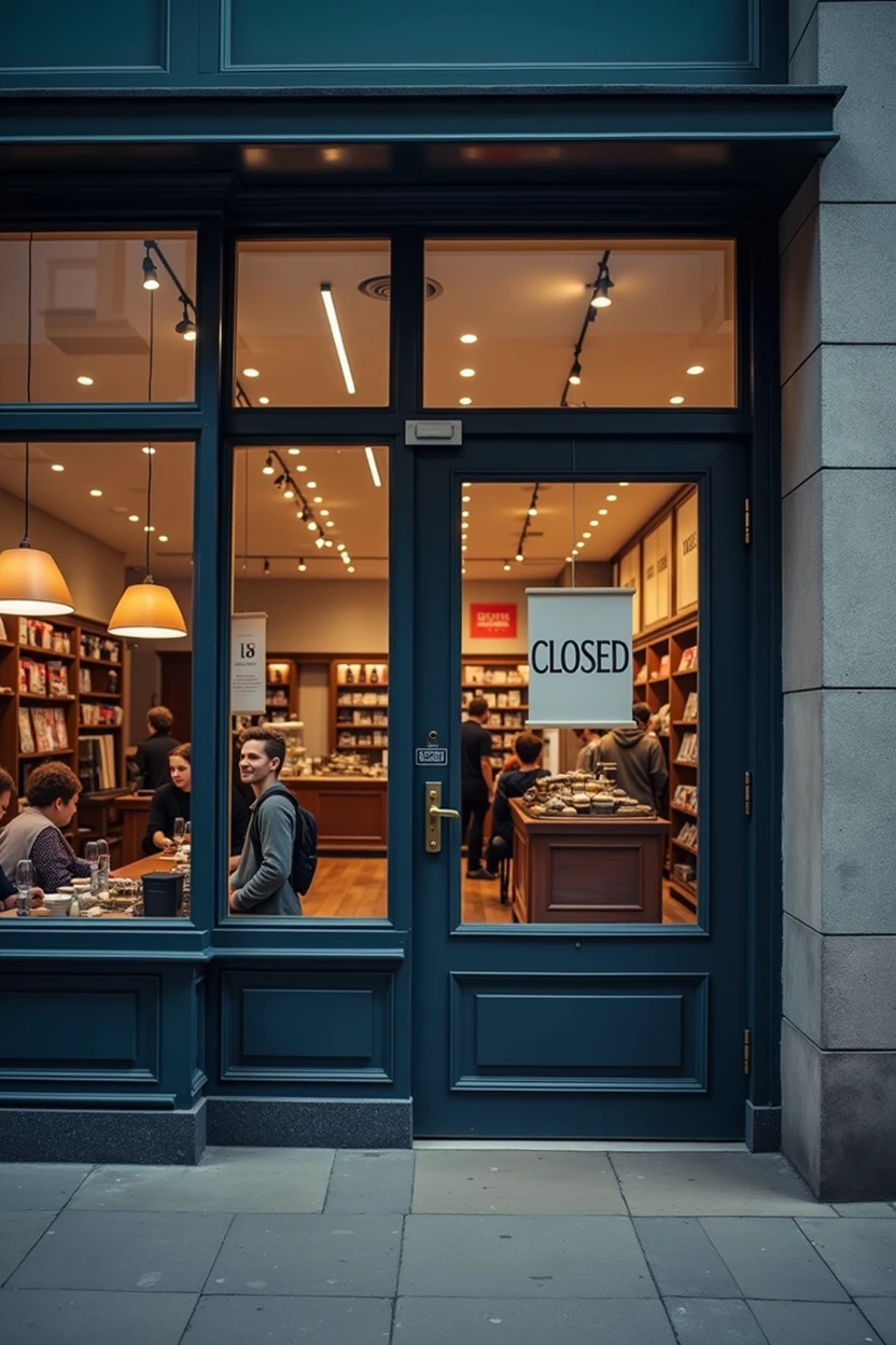 Create an image showing a closed store. The scene must include a sign on the store door or window indicating that it is closed., like a sign that says &#39;Closed&#39; or &#39;Closed&#39;. You can show the blinds down or the doors locked., and perhaps a display case or window with the lights off. The setting can be on a shopping street or a shopping center., with little or no activity around to suggest the store is closed for the day. The atmosphere should reflect a sense of inactivity and closure., with a feeling that the store is not operational at that time detailed, masterpiece, Best Quality, High resolution{