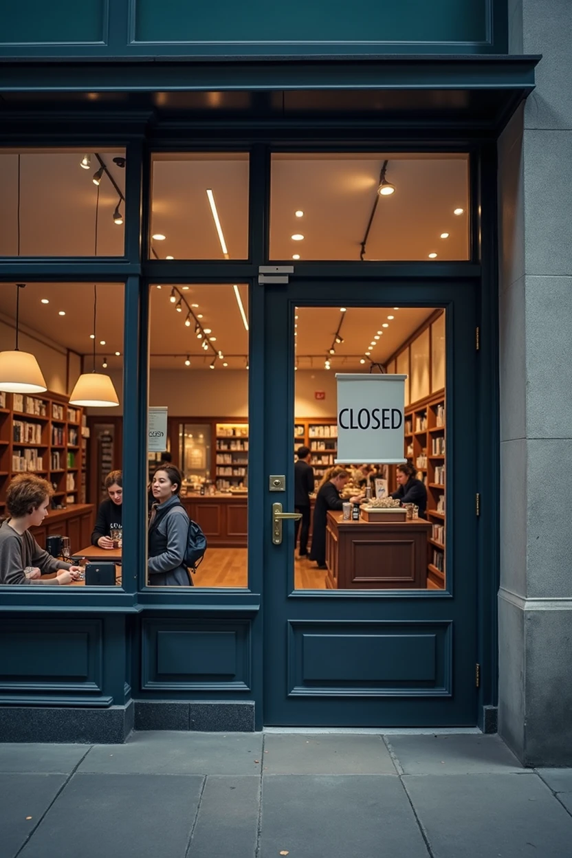 Create an image showing a closed store. The scene must include a sign on the store door or window indicating that it is closed., like a sign that says &#39;Closed&#39; or &#39;Closed&#39;. You can show the blinds down or the doors locked., and perhaps a display case or window with the lights off. The setting can be on a shopping street or a shopping center., with little or no activity around to suggest the store is closed for the day. The atmosphere should reflect a sense of inactivity and closure., with a feeling that the store is not operational at that time detailed, masterpiece, Best Quality, High resolution{