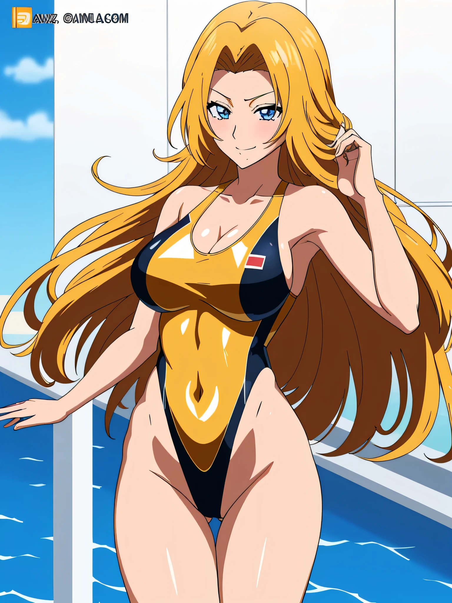 1 girl、Anime Girls、Mature Girls、Beautiful girls、solo、Girl in swimsuit、Short blonde girl、Semi-long hair、Medium Hair、rating:safe、One piece swimsuit、 Anime Girls in black tank suits with orange lines、Anime Girls wearing black tank suits with gold lines、 Black high leg racing swimwear with orange lines、Black high leg racing swimwear with gold lines、Black high leg racing swimsuit with orange lines、Black high leg racing swimsuit with gold lines、Big Breasts、A woman with very large breasts、clothing:High cut swimsuit、shiny、Blue Eyed Girl、shiny_clothes、grey_background、Girl with half-up hair、Mouth open、Glowing Skin、covered_navel、Cowboy Shot、smile、Thigh Gap、Shiny Hair、Swimsuit、High leg racing swimwear、looking_at_viewer、;d、simple_background、collarbone、Anime Girlsが立っている、earrings、Best anime girl、Gwaiz-inspired artwork、Detailed digital anime art、Fully shaded body、Realistic anime 3D style、Beautiful and attractive Anime Girls、Realistic anime art style、Realistic Shade Perfect Body、Black swimsuit with gold lines、Black swimsuit with orange lines、Contrasting Lines、