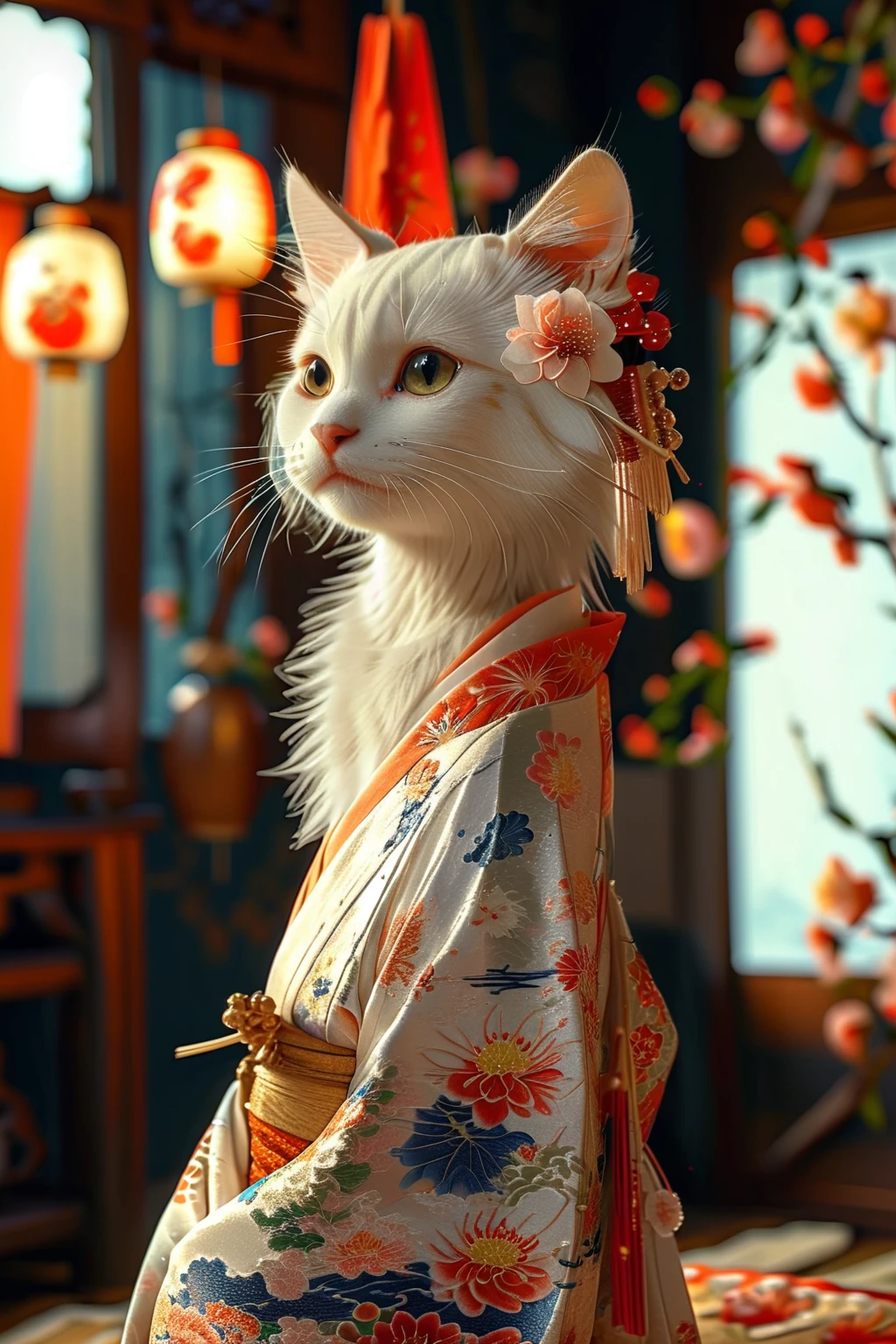 Realistic Portrait of a Cat in Japanese Kimono - Beautiful long-haired white cat, beautiful bobbed hair, flower hairpin on head, (Japanese traditional costume), (night banquet hall,, moonlight, traditional Japanese room:1.5) mysterious eyes, DOAXVV_Mary Rose, one girl, country, holding a traditional Japanese fan , dance with open arms, nostalgic atmosphere, retro, antique photo, ultra high res, net (cinematic lighting, dramatic) masterpiece, accurate, anatomic