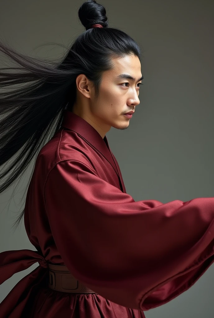 Martial Arts film photography of Chinese male acter with long fluttering black hair, man, Wong Kar Wai film style, man, power, Chinese ancient custome of Tang Dynasty, dynamic pose, sexual tension, handsome, Martial Arts film, simple but charming, Chinese chivalrous person, real skin texture, realistic photograph, natural lighting, clean facial features, light maroon and dark gray, awarded work.