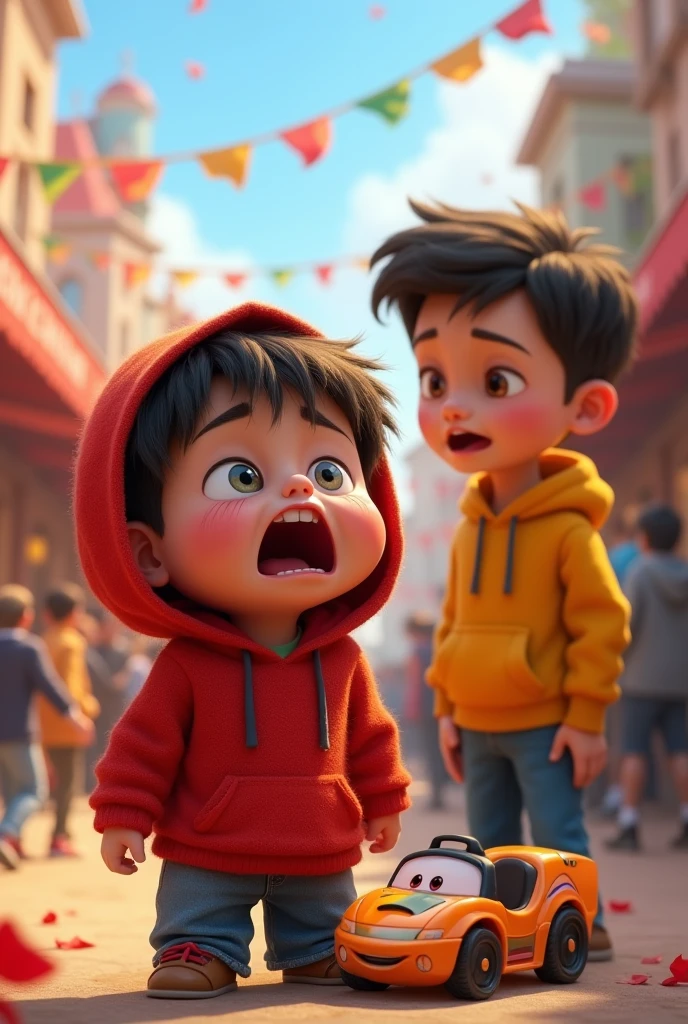 Little brother in red hoodie crying loudly for toy car infront of his 16 year old big brother in yellow hoodie
In a fatah sagar lake fair