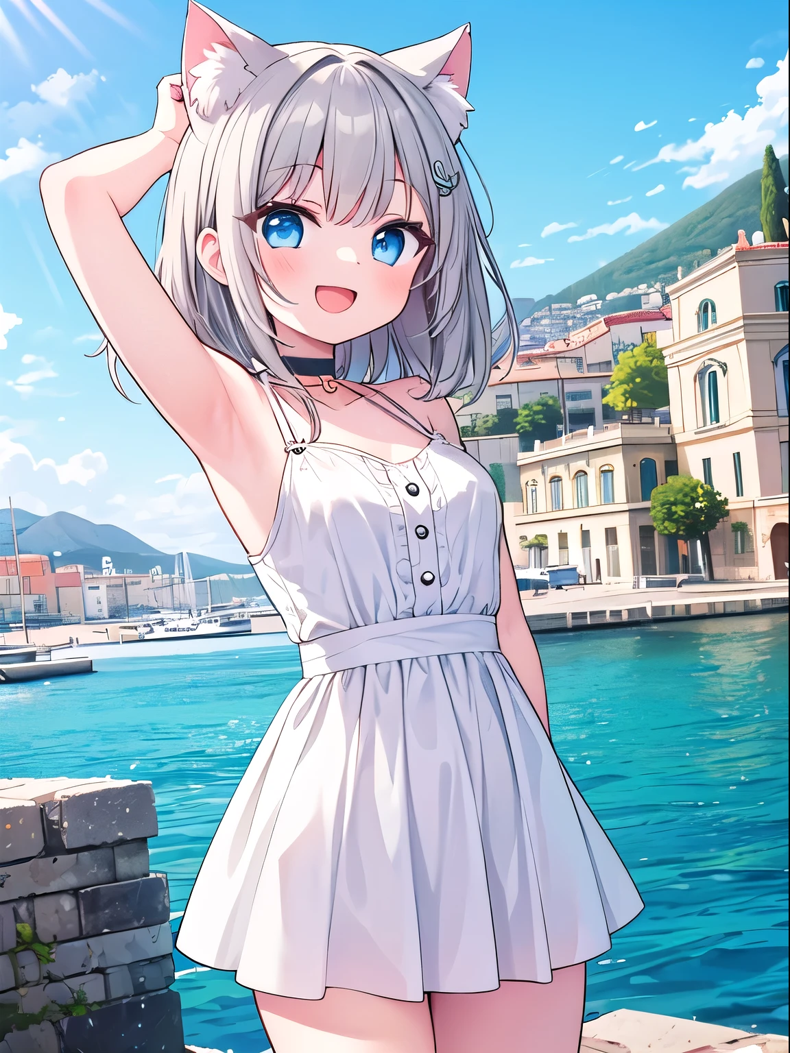 Summer vacation, ((trip)), South of France, ((Marseille)), port, (One girl), cute, (happiness:1.3), Open your mouth, (Arms at your sides:1.3), (Cat ear), choker, ((Gray Hair)), Medium Hair, Blue Eyes, sunny, noon, Outdoor, from the front, Cowboy Shot, ((Highest quality)), ((masterpiece)), (detailed), Perfect Face, Perfect Arms, Perfect hands, Perfect Fingers, anime, Ultra-fine illustration,