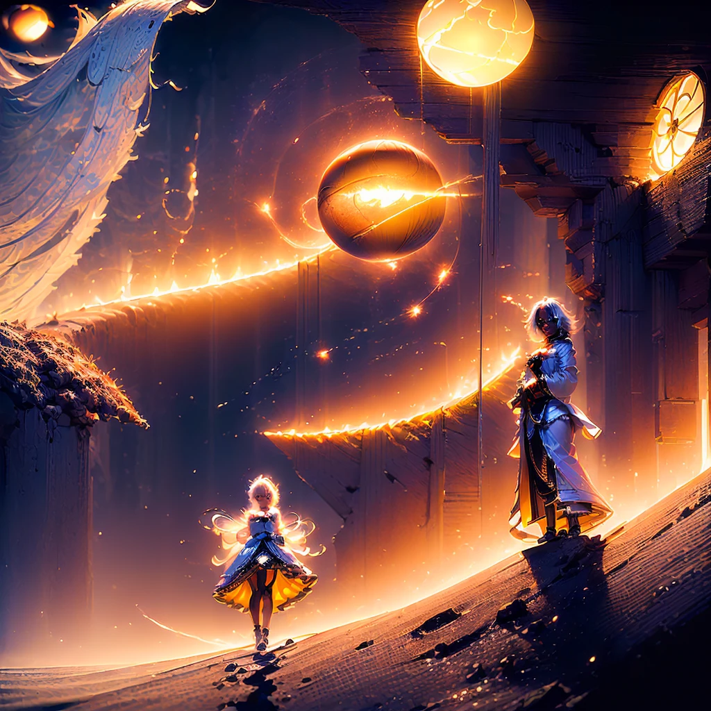 ((1 girl)), short white hair, Dark skin, mascara, evil smile , with his hands holding a glowing orb while two other glowing spheres orbit around him. Sexy dark magician clothing, dark forest background.