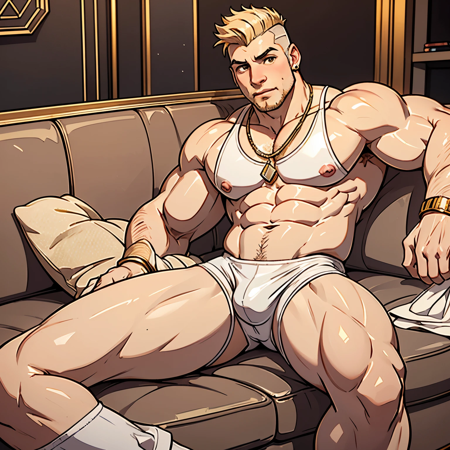 full view full body, one handsome muscular white european stunning boy with fashion clean shaved platinum gold blonde undercut haircut, wearing only white shiny latex mankini string underwear and white latex socks, no shoes, golden and diam,ond fine jewelerey, rings, bracelets, nose piercings, necklaces, lying on sofa on luxurious parisian fashion styled appartment