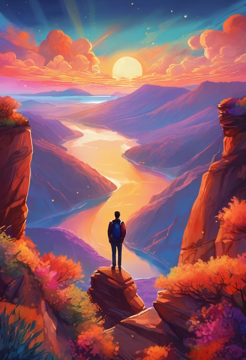 Prompt:
"Create an inspiring and vibrant illustration titled 'Visualize to Achieve Success.' The image should depict a person standing at the edge of a cliff, gazing out at a breathtaking sunrise over a vast landscape filled with mountains and valleys. The sky should be painted in warm hues of orange, pink, and gold, symbolizing hope and new beginnings. Surround the person with ethereal, glowing symbols of success such as trophies, books, and pathways leading to various achievements. The overall mood should evoke feelings of determination, ambition, and the power of visualization in achieving one's dreams." Feel free to adjust any elements to better fit your vision!