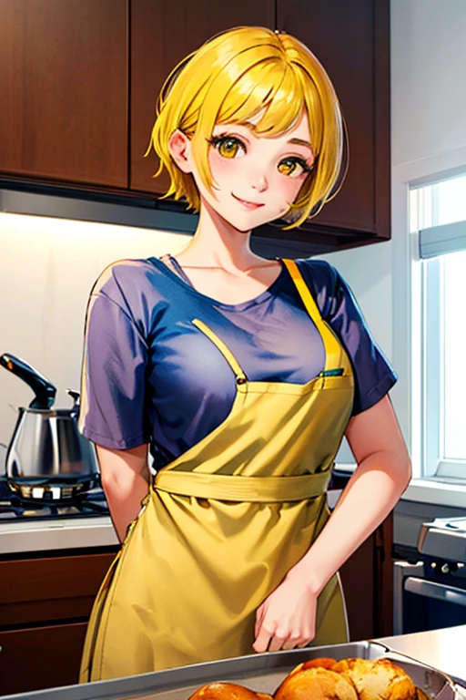 high quality, subsurface scattering, chromatic lighting,
colorized, yellow + black limited color palette,
detailed concept drawing,
bedroom,
portrait, 20yo 1girl, medium soft breasts, slender, kitchen, apron, oiled skin, short yellow hair, smiling