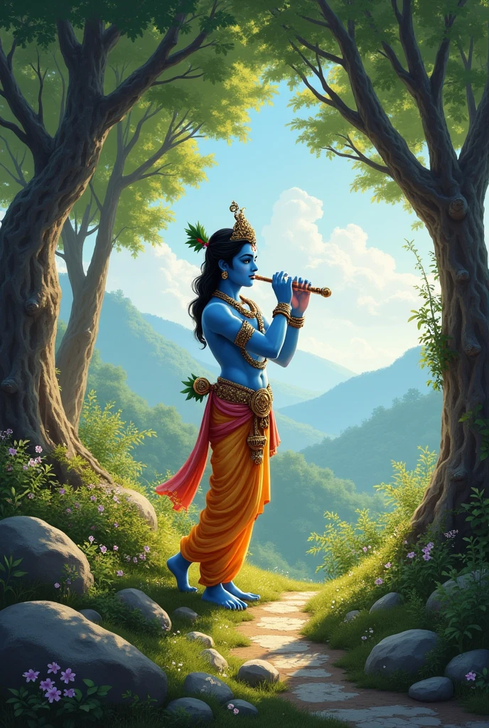 Lord krishna in hill under the tree with flute