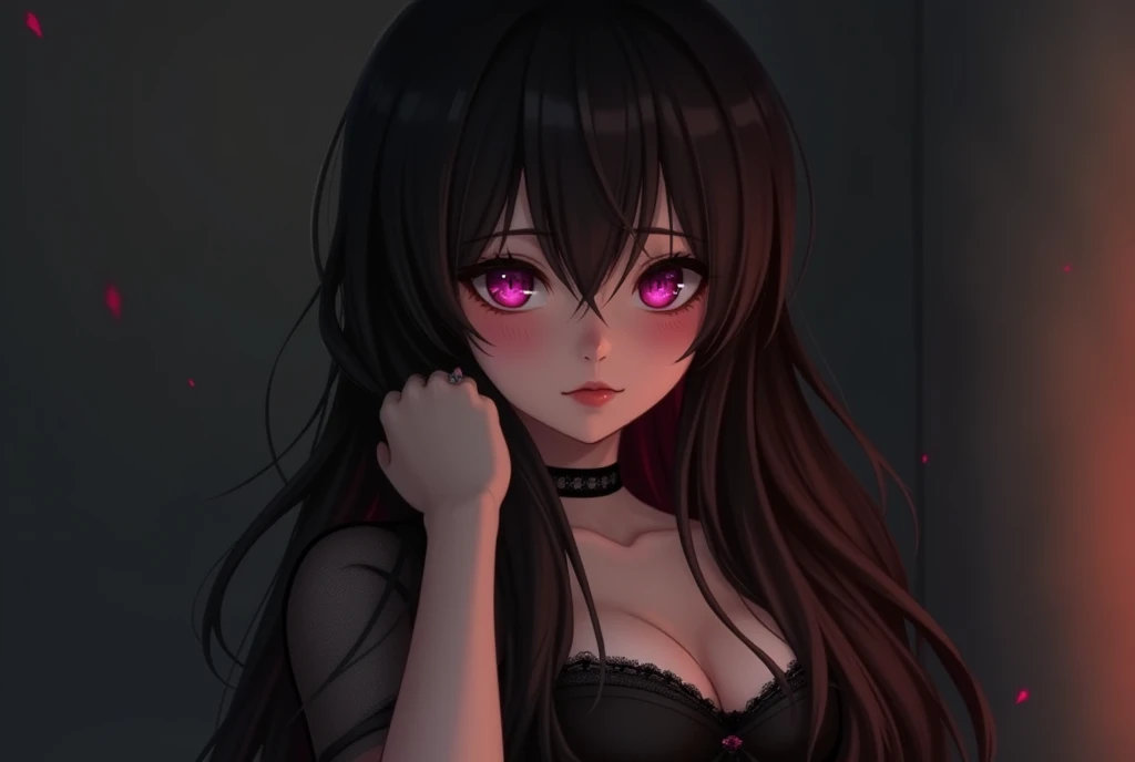 A cute sad vampire girl (Vietnamese, age 25, waif, waist length hair, violet eyes), sheer outfit, sultry pose, she just wants to drink viewers blood, why so shy?
