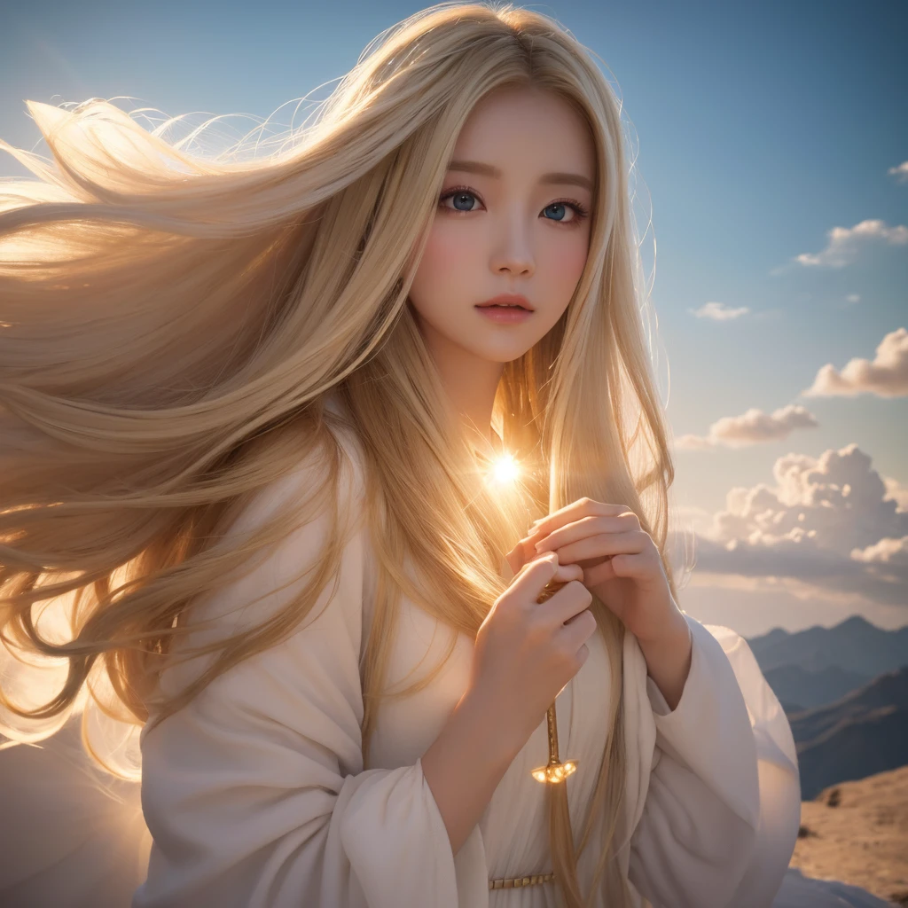 ((masterpiece)), Highest quality, (8k, Highest quality, masterpiece:1.2), Very detailed, Big fantasy、White cloud、White light、Beautiful goddess in the center（Blonde long hair、Angel&#39;s wing）