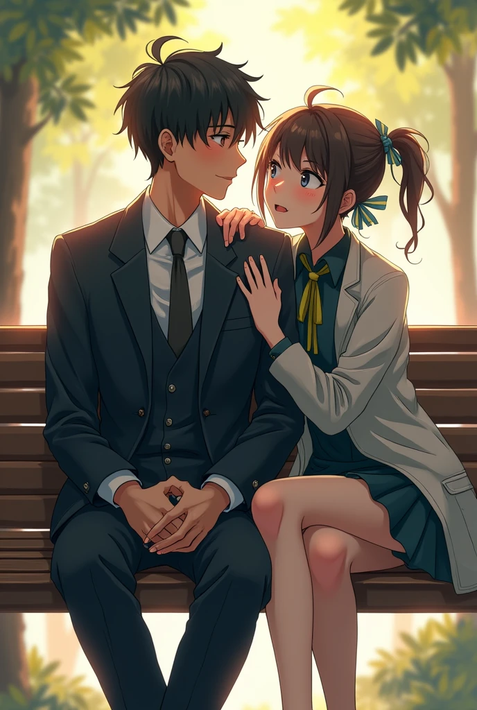 i want you to create an image of a boy sitting on a bench who look like gong ou the manga character from Bossy President and he is wearing an suit while there is a girl who look like xiao nian  and her hand is on his shoulder towards him her face right next to his ears and he is looking at her and the girl jacketet is half on her shoulders and they are not stting together the girl is standing and the boy is sitting and the boy is a mature man the girl is a tomboy and they are not sitting together she is standing behind the bench
