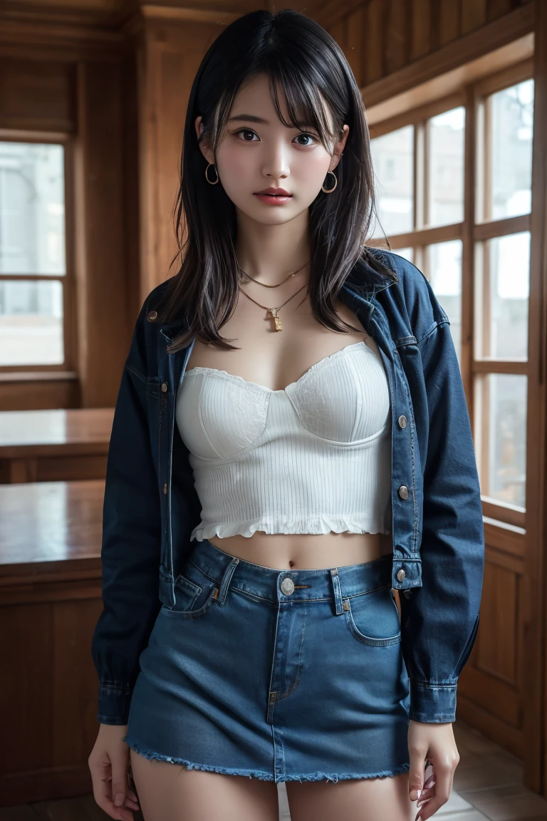 (Highest quality:1.4),(masterpiece:1.4),(Realistic:1.4),(Realistic:1.2),(超High resolution, RAW Photos:1.4),(High resolution, Ultra-detailed:1.2),(8k:1.2),View your viewers,Cinematic photography,One girl,skeletally correct,Black-haired woman,Woman in her early 20s,(Small earrings,necklace,whiteTDenim bustier over shirt,Pleated denim mini skirt),(Western-style building interior,Dimly lit room,The lamplight shines on my cheeks)