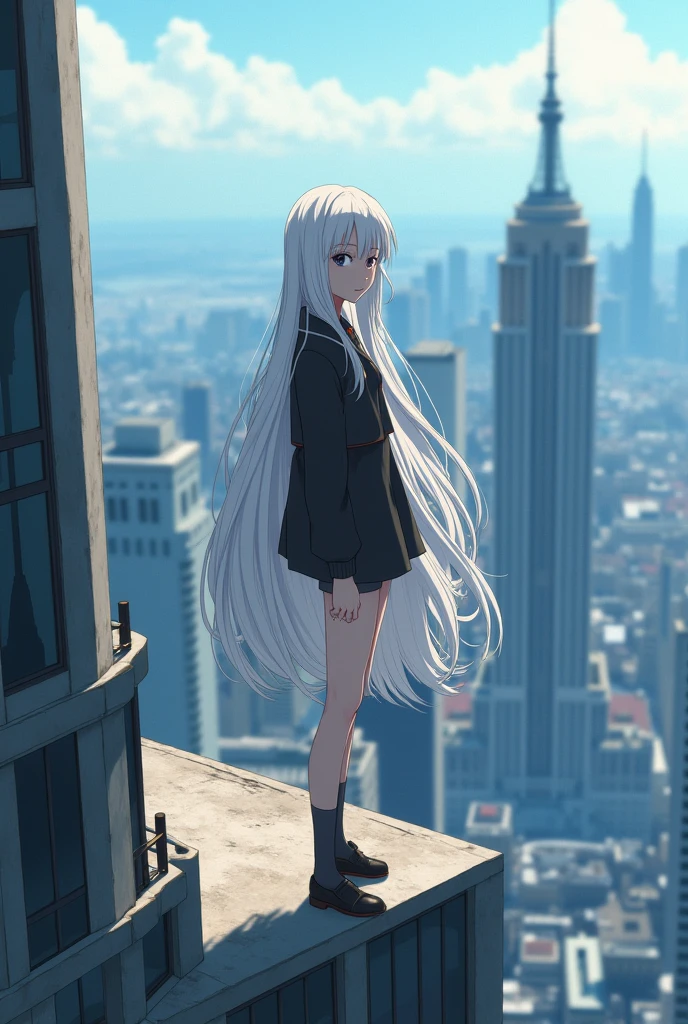 Create a girl of about 16 years old from 1,66 tall, beautiful with fine and delicate features, with eyes of different colors, with snow-white skin and pink hues, with a slim hourglass-shaped body, with white hair down to the waist, with a serious expression on his face, showing the whole body, that she is on the edge of a very tall building where you can see the building where she is standing in the city of the anime hunter x hunter and that she is looking down with an expressionless face with a slight smile  ,  and with clothes from the anime hunter x hunter