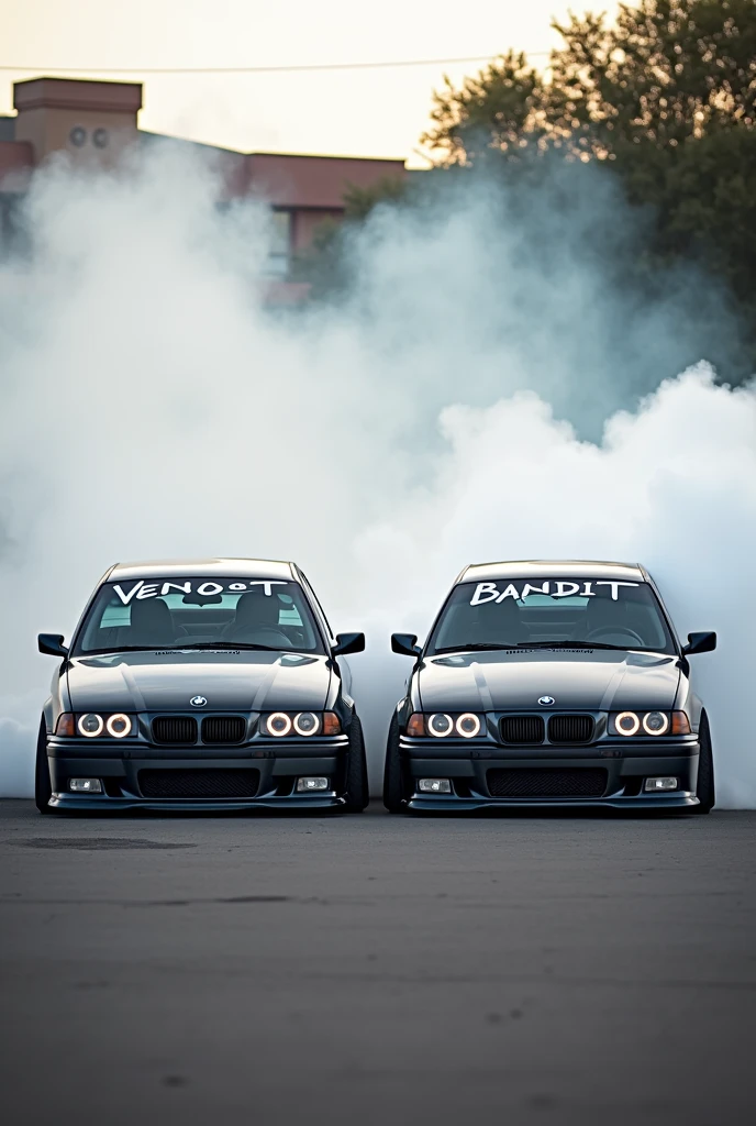 TWO LOWERED BLACK BMW E36, one with the sign saying Venom, and the other sign says bandit doing burnout