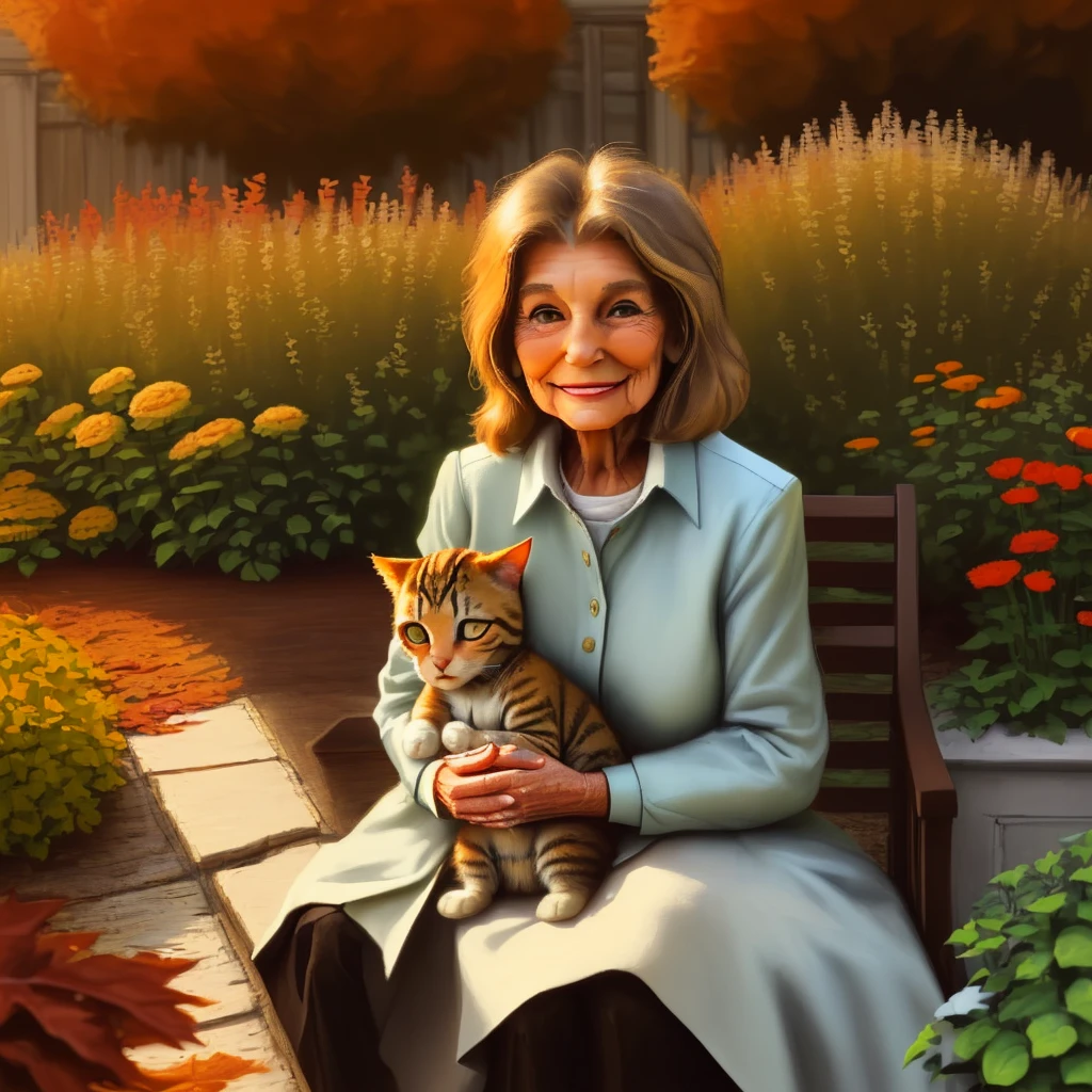 "As autumn deepened, the bond between the grandmother and the brown tabby grew even stronger. In the image, the grandmother, with a gentle smile, is holding the grown kitten in the garden."