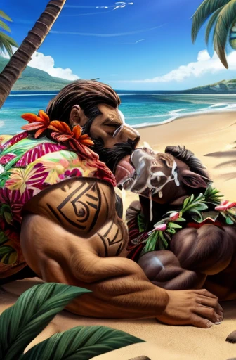 Super muscular adult boar beastman,(Wear Hawaiian traditional clothing:1.7),Open your mouth and stick out your tongue,(Surrounded by erect men:1.2),(a large amount of semen on the face and body,:1.8),Southern Island,(Deep Throat:1.5),scrotum,Brown fur,Black hair and beard,Anal Sex,Kneeling,Tattoo,Nipple ring piercing