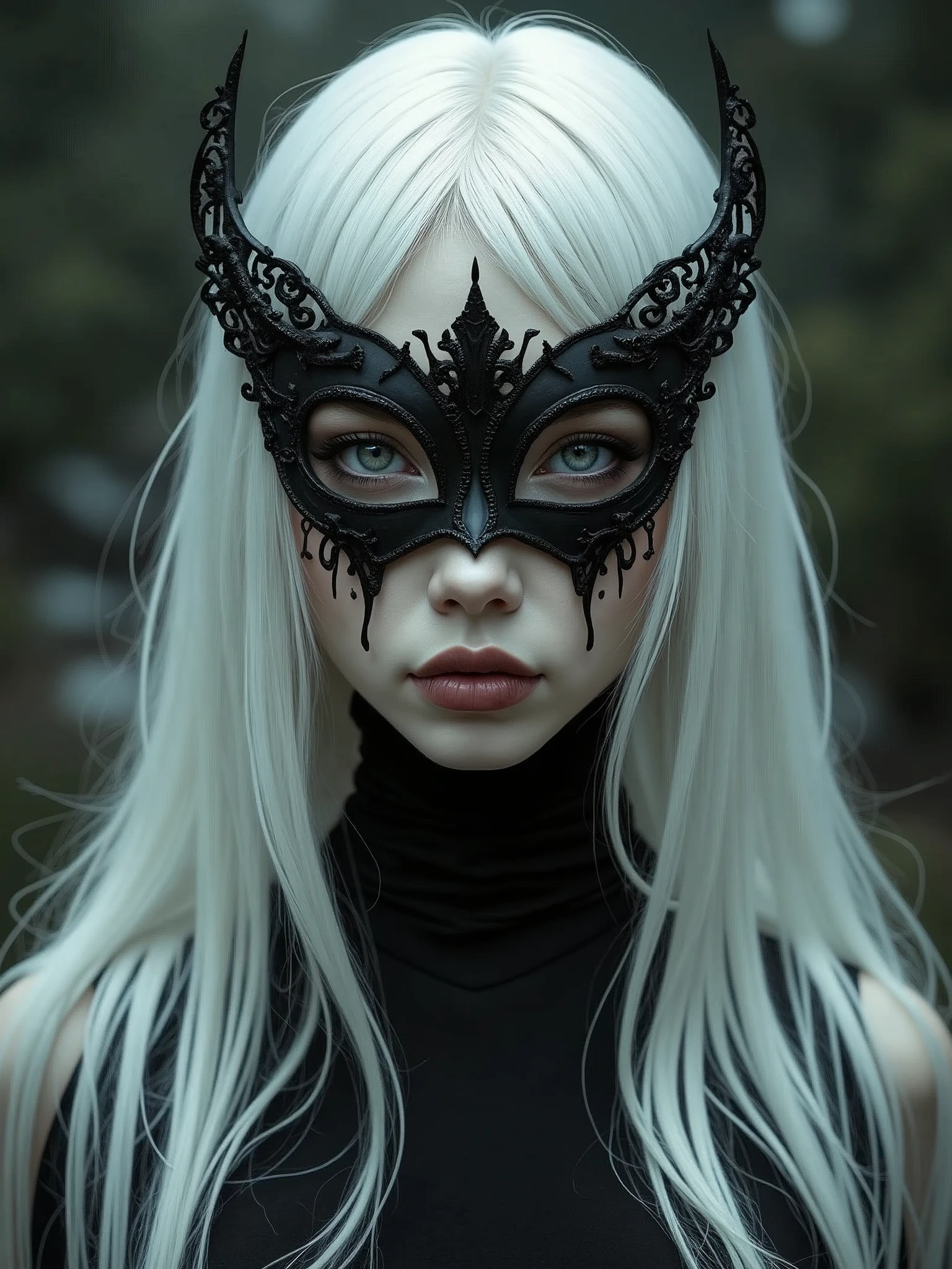 a woman with long white hair wearing a black and white mask, very beautiful girl, transmetal ii, yotobi, white red, lynchian, black dress : : symmetrical face, japanese influences, michael myers mask, detailed feminine face, skimask, swan, girl in love, nun