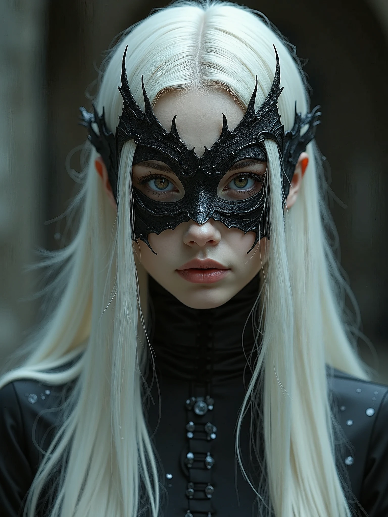 a woman with long white hair wearing a black and white mask, very beautiful girl, transmetal ii, yotobi, white red, lynchian, black dress : : symmetrical face, japanese influences, michael myers mask, detailed feminine face, skimask, swan, girl in love, nun