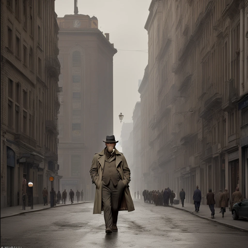 Best quality, hyperrealistic, an elephant in a trenchcoat, standing in Cicago street y1930, under a gasligth