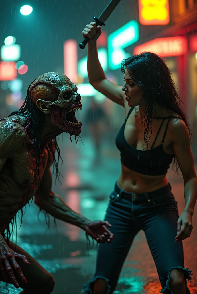 A determined, muscular woman with a determined expression, is in the midst of a fierce struggle against a decaying, grotesque zombie. She is lunging forward, knife raised, aiming for the zombie's head. The zombie, with a gaping maw and exposed brain, is reaching out with clawed hands, trying to grab her. Dramatic, low-light setting, gritty urban environment, rain-slicked pavement, neon signs in the background, detailed character expressions, realistic gore, cinematic lighting, 8k, hyperrealistic.
