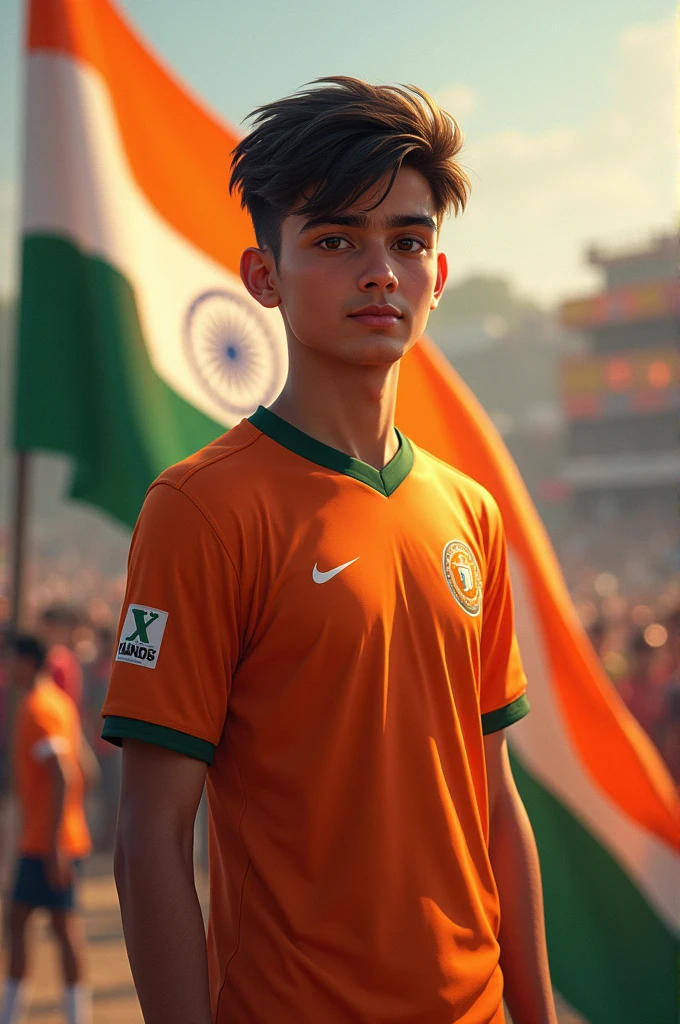 Ayush teenage boy wearing a jersey of orange color and pluck Indian flag in hand 