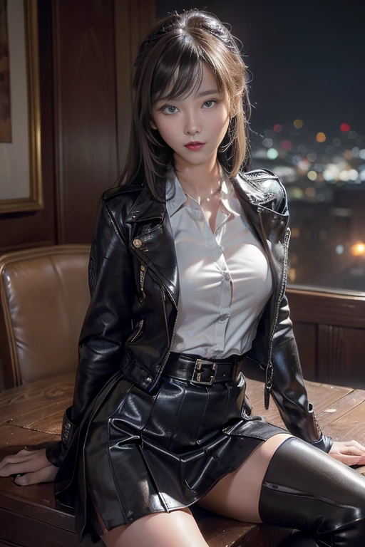 (((Tabletop, artwork, detailed, Portraiture))) ((Police Girl, sexyな??の制服, skirt, Cute and elegant, Dramatic Pose)) cute, sexy, Charm, City night background, Ambient Lighting, Long Hair, Unbutton the top button of your shirt, Browsing Caution, riders leather Jacket,knee high boots, spread legs

