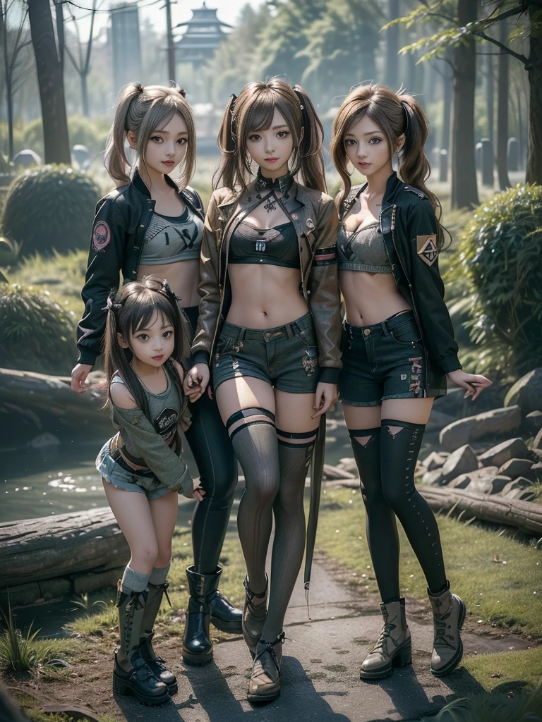 (Three Girls, 3 girls:1.5)、(Full Body View:1.3)、(Hostess:1.3)、(Smiling with teeth showing:1.3),(Shibuya Gal:1.5)、(Gothic Lolita gravure model:1.4)、(Lolita Fashion:1.5)、(Punk RockVisual Kei:1.4)、(A modern short jacket in dark grey and moss green.:1.5)、(Tattered brown and charcoal denim low rise cargo pants:1.5)、(Mustard Yellow Headband:1.3)、(Charcoal and khaki striped knee socks:1.4)、collar、(Brown platform long boots)、(Clothing with logo pattern:1.4)、20-year-old、Browsing Caution,((Highest quality、In 8K、masterpiece:1.3))、Sharp focus:1.2、(Layered Cut、Huge breasts:1.1),Beautiful woman with perfect figure:1.4、(Doing an aerobics pose:1.3)、Slim Abs:1.2、Butt、Highly detailed face and skin texture、Fine grain、double eyelid,(Twin tails:1.3)、(Brown-golden hair:1.3)、Obscene、Idol Sculpture、(The three of them are posing together in a cute way.:1.3)、(The landscape is a beautiful temple of water and forest:1.3)、(Slimming your legs:1.4)、(The body is slim:1.3)、(clavicle:1.1)