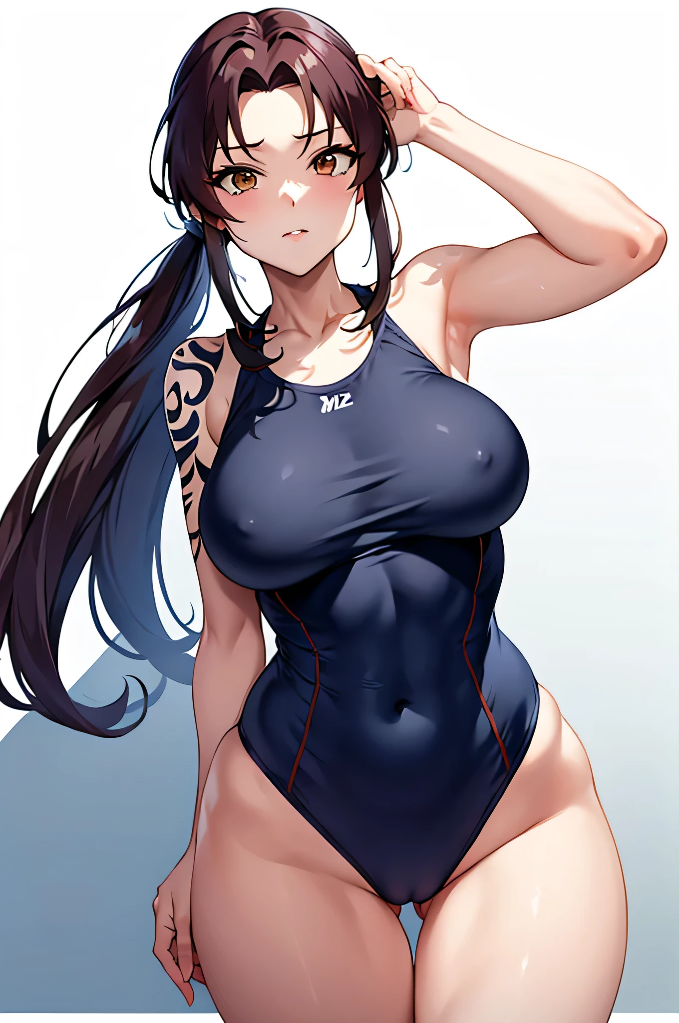 Anime girl in swimwear, Long ponytail brown hair girl, Brown Eyed Girl, Wearing swimwear, Wear swimwear, Anime Moe Art Style, Swimwear, solo, Female focus, One piece swimwear, Enchanting Anime Girls, clothing:High Cut Swimwear, Made by Anime Artist Studio, Dark blue high leg racing swimsuit with white lines, Big Breasts, had very large breasts, Muscular and strong, Tattoo on the right shoulder, Dark blue high leg racing swimsuit with white lines, Tall Woman, Adult sex appeal, Competitive Swimwear, Wet Swimwear, zerochan art, A cool anime girl wearing a dark blue tank suit with white lines, High legレーシングスイムウェア, High legレーシングスイムスーツ, Strong muscles, High leg, Muscular Woman, Bare shoulders, bare legs, Competitive swimming swimwear, Female protagonist 👀 :8, Are standing, 