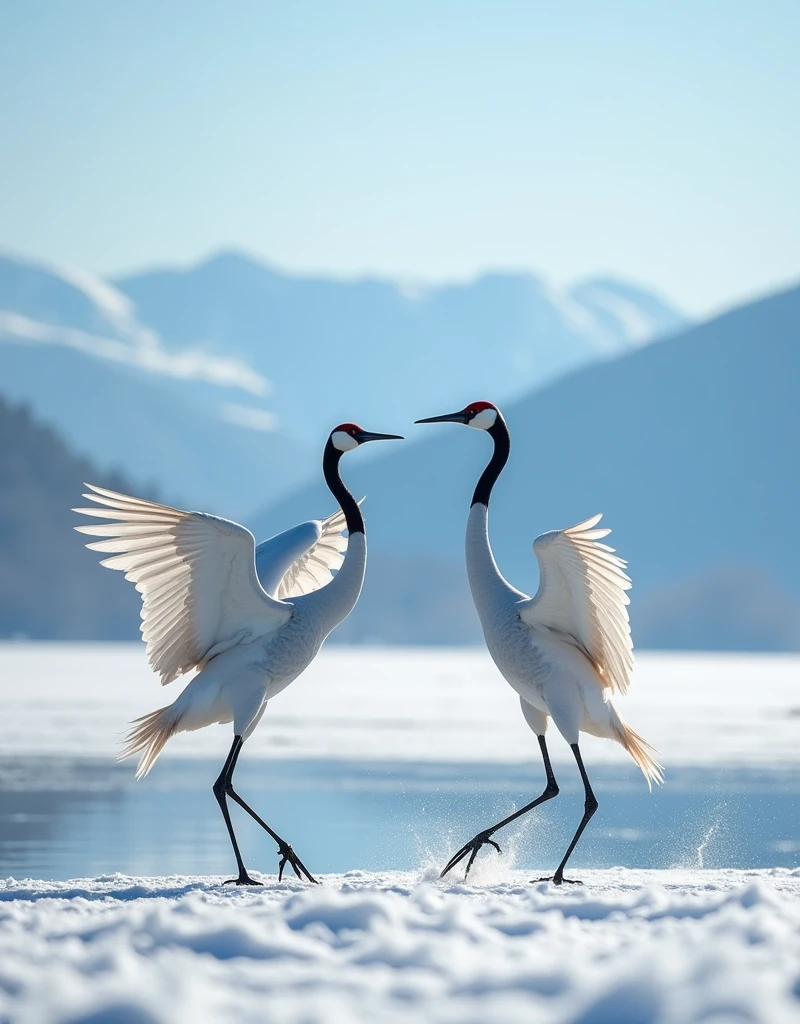 Masterpiece, high quality, best composition, winter landscape, cinematic light, marshland spreading, male and female cranes, white breath of cranes, courtship dance, blue sky, winter mountains, beautiful snowy landscape.