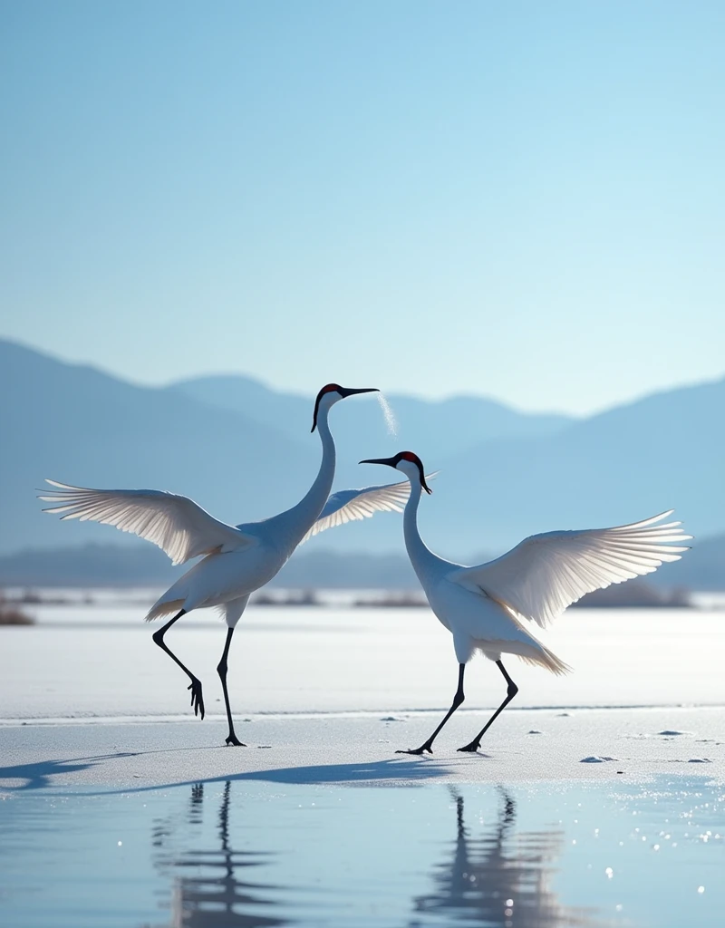 Masterpiece, high quality, best composition, winter landscape, cinematic light, marshland spreading, male and female cranes, white breath of cranes, courtship dance, blue sky, winter mountains, beautiful snowy landscape.