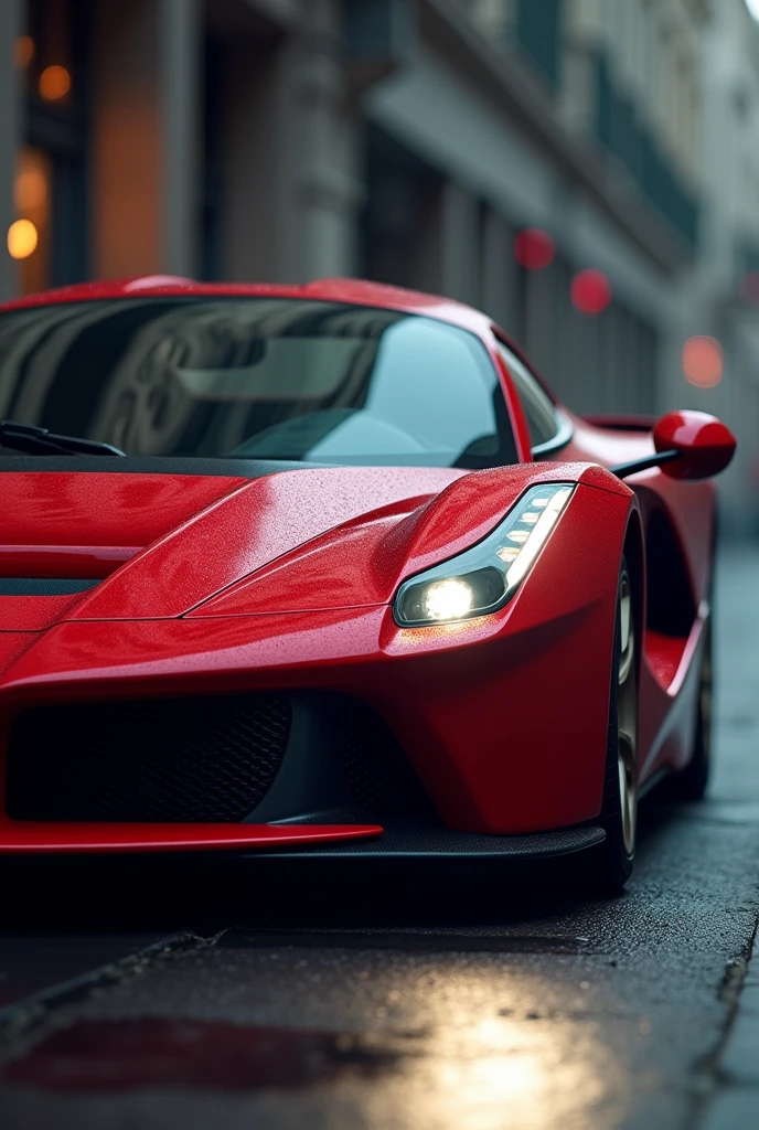 Create a realistic image of a red Ferrari sports car with dark colors in the background of the image in a motorsport street environment image taking front and side and closer headlights on
