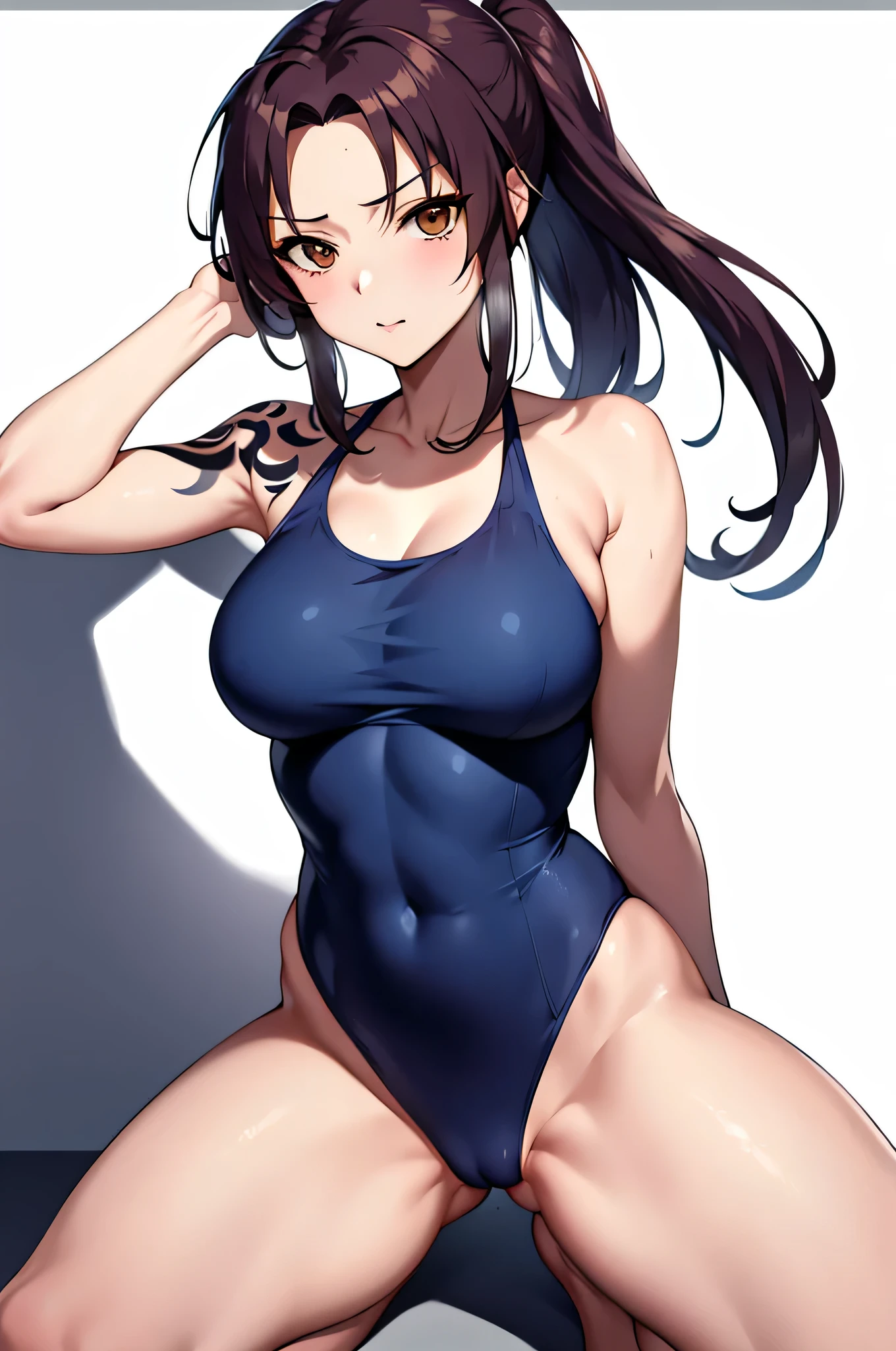 Anime girl in swimwear, Long ponytail brown hair girl, Brown Eyed Girl, Wearing swimwear, Wear swimwear, Anime Moe Art Style, Swimwear, solo, Female focus, One piece swimwear, Enchanting Anime Girls, clothing:High Cut Swimwear, Made by Anime Artist Studio, Dark blue high leg racing swimsuit with white lines, Big Breasts, had very large breasts, Muscular and strong, Tattoo on the right shoulder, Dark blue high leg racing swimsuit with white lines, Tall Woman, Adult sex appeal, Competitive Swimwear, Wet Swimwear, zerochan art, A cool anime girl wearing a dark blue tank suit with white lines, High legレーシングスイムウェア, High legレーシングスイムスーツ, Strong muscles, High leg, Muscular Woman, Bare shoulders, bare legs, Competitive swimming swimwear, Female protagonist 👀 :8, Are standing,