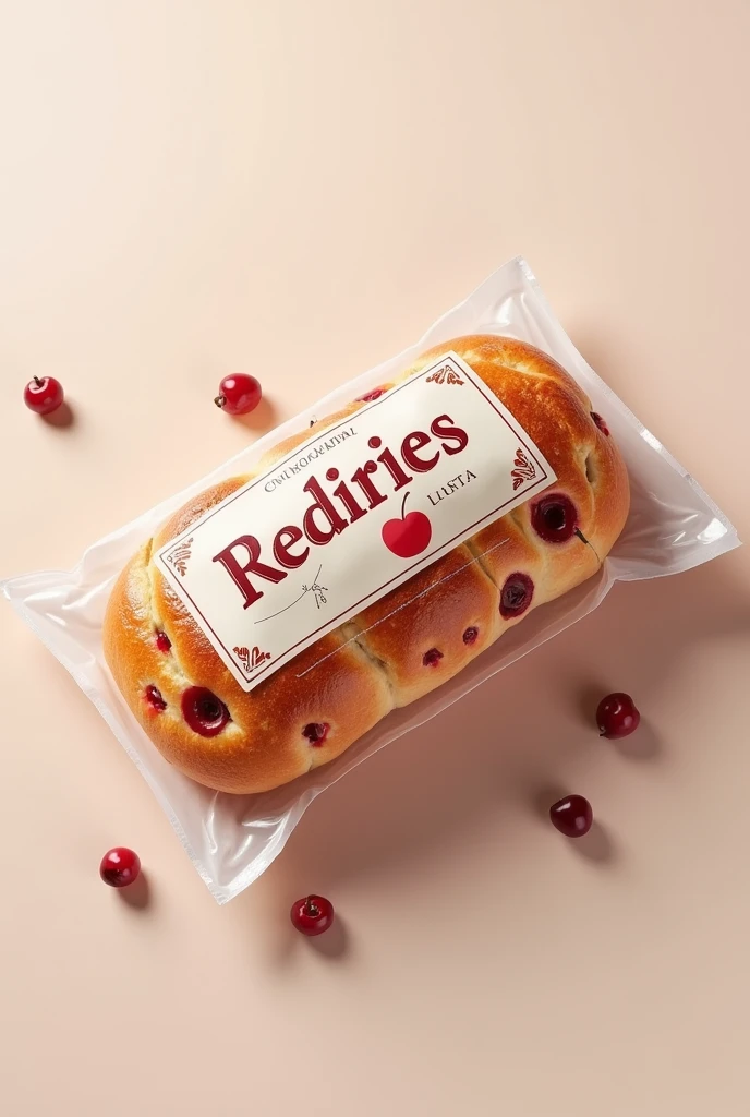 Create a pack plastic of baked cherrie bread and brand it "rediries"