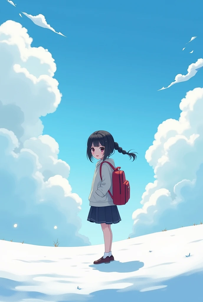 (alone:1.5),1 girl\(very cute,Soft Skin,(Girl:2.0),Dark Eyes,(),Black Hair,Shiny Hair,Braid,,skirt,school bag\(red \) ,Facing the camera, (Remember:1.5) audience,Cute Smile,whole body\) Standing in the snow\(shining white snow,blue sky,Beautiful Clouds\),[Browsing Caution], break ,quality\(8k,非常に精細なCGユニットのwallpaper, masterpiece,High resolution,top-quality,top-quality real texture skin,Surreal,Increase the resolution,RAW Photos,最高quality,Very detailed,wallpaper,Cinema Lighting,Ray Tracing,Golden Ratio\),