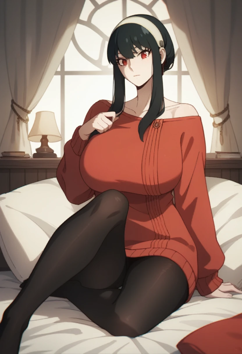 Huge breasts、YorForger,1girl,black hair,red eyes,short hair with long locks, white hairband, off shoulder,red sweater, black pantyhose, 
{Highest quality}, {so beautiful}, {Very detailed}, {Best illustrations},