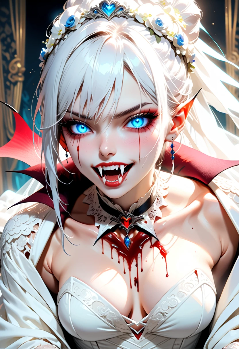 a dark fantasy art, dark comic, dark goth picture of a ((vampire bride: 1.5)), biting her groom, a female vampire bride,  female vampire in a ((white leather wedding dress)), (goth wedding dress: 1.4), with bloody gown, best detailed face,  ((blood on face)), ((vampire fangs: 1.5)) ultra feminine, pale skin, red haired, long hair, wedding hair cut style, blue eyes, ((blue glowing eyes: 1.3)), wearing (white leather wedding dress: 1.4) bloody gown, (wearing white high heels: 1.4), in the honeymoon suite, biting the the groom, bloody face, BREAK a beautiful human man, ultra detailed face (best details, Masterpiece, best quality: 1.4), wearing a wedding tuxedo, honeymoon suite background, vibrant, Ultra-high resolution, High Contrast, (masterpiece:1.5), highest quality, Best aesthetics), best details, best quality, highres, 16k, [ultra detailed], masterpiece, best quality, (extremely detailed)ת vampyfangs1